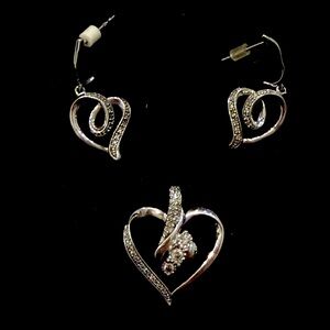 Sterling Silver & Diamond Heart Slide Pendant & Earring Set